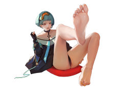 Rule 34 | 1girl, absurdres, bare shoulders, barefoot, black gloves, black panties, blue hair, commentary, commission, earrings, english commentary, feet, fingerless gloves, foot focus, girls&#039; frontline, gloves, goggles, goggles on head, highres, jewelry, long sleeves, nail polish, open mouth, orange eyes, panties, pixiv commission, rocher-hd, short hair, single earring, single glove, sitting, soles, solo, toenail polish, toenails, toes, underwear, white background, zas m21 (girls&#039; frontline)