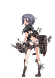 Rule 34 | 1girl, ass, belt, black serafuku, black shirt, blue hair, blue panties, boots, bottomless, broken, brown eyes, cannon, damaged, from behind, full body, hair ornament, hairclip, highres, ikazuchi (warship girls r), long hair, looking at viewer, looking back, low twintails, machinery, official art, open mouth, panties, remodel (warship girls r), school uniform, serafuku, shirt, short sleeves, simple background, smoke, solo, standing, stmast, tears, thigh strap, torn clothes, torn panties, torpedo, turret, twintails, underwear, warship girls r, white background