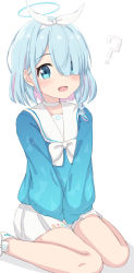 Rule 34 | 1girl, :d, ?, absurdres, arona (blue archive), between legs, blue archive, blue eyes, blue hair, blue shirt, bow, choker, commentary request, hair over one eye, hair ribbon, hairband, halo, hand between legs, highres, long sleeves, looking at viewer, multicolored hair, open mouth, pink hair, pleated skirt, puffy long sleeves, puffy sleeves, ribbon, sailor collar, shadow, shirt, shoes, sitting, skirt, smile, solo, takasuma hiro, two-tone hair, wariza, white background, white bow, white choker, white footwear, white hairband, white ribbon, white sailor collar, white skirt
