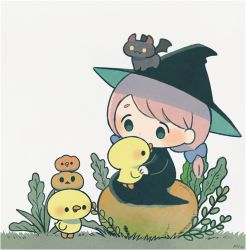 Rule 34 | ayu (mog), bird, black dress, blue bow, bow, chick, dress, grass, green eyes, greyscale, hair bow, hat, long sleeves, monochrome, pink hair, pumpkin, simple background, sitting, twintails, witch, witch hat