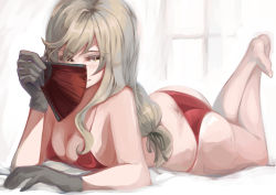 Rule 34 | 10s, 1girl, arm support, ass, bikini, black gloves, breasts, brown eyes, brown hair, cleavage, closed mouth, commentary, covering face, folding fan, from side, full body, girls und panzer, gloves, hand fan, holding, light smile, long hair, looking at viewer, lying, mature female, medium breasts, nagasawa tougo, on stomach, red bikini, shimada chiyo, solo, swimsuit
