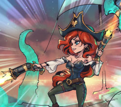 Rule 34 | 1girl, bare shoulders, belt, black hat, breasts, brown belt, brown pants, cleavage, collarbone, dual wielding, emphasis lines, freckles, green eyes, grin, gun, hat, holding, holding gun, holding weapon, large breasts, league of legends, long hair, long sleeves, miss fortune (league of legends), multicolored background, pants, phantom ix row, pirate, pirate hat, red hair, smile, solo, teeth, tentacles, weapon