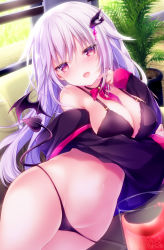 Rule 34 | 1girl, bare shoulders, black bra, black jacket, black panties, bra, breasts, brown eyes, choker, cleavage, couch, cup, demon girl, demon tail, demon wings, drink, drinking glass, groin, hair ornament, indoors, jacket, kabocha usagi, large breasts, long hair, long sleeves, looking at viewer, navel, off shoulder, on couch, open mouth, original, panties, plant, pointy ears, potted plant, red ribbon, ribbon, sidelocks, solo, tail, underwear, very long hair, white hair, wings