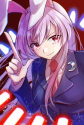 Rule 34 | 1girl, alto2019, animal ears, blazer, crescent, crescent pin, danmaku, finger gun, index finger raised, jacket, long hair, long sleeves, looking at viewer, necktie, one-hour drawing challenge, purple hair, rabbit ears, red eyes, reisen udongein inaba, shirt, solo, touhou, upper body, white shirt