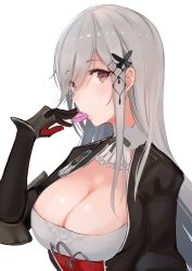 Rule 34 | 1girl, azur lane, breasts, butterfly hair ornament, cleavage, corset, detached collar, dunkerque (azur lane), eating, eyes visible through hair, food, from side, gloves, grey hair, hair ornament, hair over one eye, highres, large breasts, long hair, long sleeves, looking at viewer, macaron, mappaninatta, red eyes, sidelocks, simple background, solo, sweets, white background