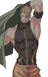 Rule 34 | 1boy, achilles (fate), achilles (fearless diver) (fate), armband, armpits, black armband, black shirt, brown eyes, closed mouth, drawstring, dressing, fate/grand order, fate (series), green hair, haruakira, highres, large pectorals, looking down, male focus, muscular, muscular male, navel, one eye closed, orange pants, pants, pectorals, shirt, short hair, sidepec, simple background, sleeveless, sleeveless shirt, white background