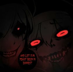 2girls, close-up, demon girl, drooling, face, fangs, glowing, glowing eyes, hair between eyes, looking at viewer, multiple girls, nyantcha, open mouth, original, red eyes, scar, scar on face, shared speech bubble, short hair, siblings, sisters, speech bubble, white hair