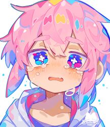 Rule 34 | 1boy, blue eyes, blush, bright pupils, commentary request, crossed bangs, crying, crying with eyes open, fang, fang out, hair between eyes, heterochromia, highres, hood, hoodie, male focus, open mouth, original, pink eyes, pink hair, purple shirt, raito-kun (uenomigi), shirt, short hair, simple background, solo, tears, trap, uenomigi, white background, white hoodie, white pupils