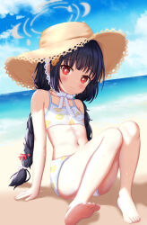 Rule 34 | 1girl, absurdres, arm support, ass, bare legs, barefoot, beach, bikini, black hair, blue archive, blue sky, blunt bangs, braid, cloud, cloudy sky, collarbone, commentary request, halo, hat, highres, horizon, knees together feet apart, knees up, long hair, looking at viewer, low twintails, miyu (blue archive), miyu (swimsuit) (blue archive), navel, ocean, official alternate costume, official alternate hairstyle, red eyes, sidelocks, sitting, sky, sleeveless, soles, solo, stomach, straw hat, swimsuit, toes, twin braids, twintails, uro30, white bikini