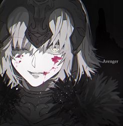 Rule 34 | 1girl, armor, black background, ebanoniwa, fate/grand order, fate (series), gorget, grey hair, headpiece, jeanne d&#039;arc (fate), jeanne d&#039;arc alter (avenger) (fate), jeanne d&#039;arc alter (fate), looking at viewer, one eye closed, portrait, smile, solo, yellow eyes