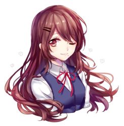 Rule 34 | 1girl, ;), bad id, bad twitter id, blue vest, brown eyes, brown hair, cropped torso, long hair, looking at viewer, mole, mole under mouth, one eye closed, original, portrait, red ribbon, ribbon, smile, solo, vest, yuli (yulipo)