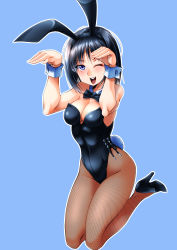 Rule 34 | 1girl, absurdres, animal ears, black bow, black bowtie, black hair, black leotard, blue background, blue eyes, bow, bowtie, breasts, cleavage, commentary request, detached collar, fake animal ears, fishnet pantyhose, fishnets, highres, leotard, looking at viewer, medium breasts, original, pantyhose, playboy bunny, rabbit ears, rabbit pose, rabbit tail, short hair, simple background, solo, strapless, strapless leotard, sumeragi tomo, tail, wrist cuffs