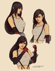 Rule 34 | 1990s (style), 1girl, black hair, breasts, clenched hands, earrings, elbow pads, fighting stance, final fantasy, final fantasy vii, fingerless gloves, gloves, highres, jewelry, large breasts, lisa buijteweg, long hair, midriff, multiple views, ponytail, red eyes, red gloves, retro artstyle, signature, sketch, smile, suspenders, tank top, tifa lockhart, upper body, watermark, web address