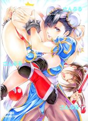 Rule 34 | 2girls, artist name, ass, black hair, bracelet, breasts, brown eyes, brown hair, bun cover, capcom, chun-li, crossover, double bun, earrings, fatal fury, feet, female focus, gluteal fold, hair bun, hand fan, hand on another&#039;s ass, holding, holding fan, jewelry, large breasts, looking at viewer, matching hair/eyes, multiple girls, muscular, muscular female, one eye closed, open mouth, panties, pantyhose, pelvic curtain, red panties, shiranui mai, simple background, smile, snk, socks, spanked, spanking, spiked bracelet, spikes, street fighter, the king of fighters, thick thighs, thighs, thong, underwear, wedgie, wince, yqgkg