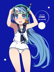 Rule 34 | 10s, 1girl, 2015, :d, bad id, bad pixiv id, blue eyes, blue hair, blush, character name, dated, from below, highres, kantai collection, kuro chairo no neko, long hair, matching hair/eyes, one-piece swimsuit, open mouth, samidare (kancolle), school uniform, serafuku, smile, solo, swimsuit, twitter username