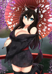 Rule 34 | 1girl, animal ears, bare shoulders, black hair, black kimono, black thighhighs, blue eyes, blurry, borrowed character, breasts, cleavage, collarbone, commentary, cowfee, floral print, hair between eyes, highres, japanese clothes, kimono, large breasts, long hair, looking at viewer, mole, mole under eye, off shoulder, oil-paper umbrella, original, petal print, print kimono, smile, solo, tail, thighhighs, umbrella, wolf ears, wolf tail, yukata