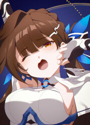 Rule 34 | 1girl, :o, absurdres, armpits, arms up, blue background, breasts, brown eyes, brown hair, china dress, chinese clothes, dress, elbow gloves, fingerless gloves, gloves, hair ornament, highres, honkai (series), honkai impact 3rd, large breasts, li sushang, li sushang (jade knight), long hair, looking at viewer, one eye closed, solo, very long hair, white dress, white gloves, yawning, ziluolan jia de mao