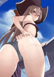 Rule 34 | 1girl, ass, ass focus, azur lane, bikini, bikini top only, bikini under clothes, blush, brown bikini, brown hair, brown hat, day, from behind, from below, front-tie bikini top, front-tie top, hair between eyes, hand on own ass, hand on own hip, hat, highres, jean bart (azur lane), jean bart (private apres midi) (azur lane), lens flare, long hair, looking at viewer, looking back, micro shorts, nose blush, ootani nonno, outdoors, partially visible vulva, pirate hat, purple eyes, shorts, sky, solo, swimsuit, thighs, upshorts, very long hair