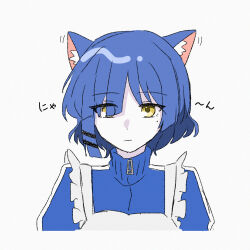 Rule 34 | 1girl, animal ears, apron, asymmetrical hair, blue hair, blue jacket, bocchi the rock!, cat ears, cat girl, cat tail, closed mouth, commentary request, cropped torso, hair ornament, hairclip, jacket, jersey maid, kemonomimi mode, maid, maid apron, mole, mole under eye, partial commentary, popouyu212, simple background, solo, tail, translated, unconventional maid, upper body, white background, yamada ryo, yellow eyes, zipper pull tab
