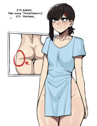 Rule 34 | 1girl, arrow (symbol), ass, black eyes, black hair, breasts, bright pupils, chainsaw man, closed mouth, collarbone, commentary, cowboy shot, donburi (donburikazoku), english commentary, english text, from behind, hair ornament, hairclip, higashiyama kobeni, highres, hospital gown, light frown, medium breasts, medium hair, no pussy, sweat, thick thighs, thigh gap, thighs, white pupils, wide hips