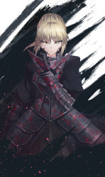Rule 34 | 1girl, arka91, armor, armored dress, artoria pendragon (all), artoria pendragon (fate), black dress, blonde hair, dress, fate/stay night, fate (series), floating hair, gauntlets, highres, looking at viewer, saber alter, short hair with long locks, sidelocks, solo, standing, yellow eyes