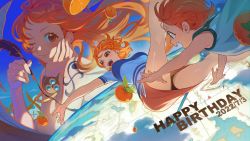 Rule 34 | 1girl, age comparison, age progression, bare shoulders, bikini, bikini top only, blue sky, bracelet, breasts, child, dated, dress, feathers, food, fruit, globe, happy birthday, highres, holding, holding feather, jewelry, large breasts, legs, long hair, looking at viewer, mandarin orange, map, multiple views, nami (one piece), one eye closed, one piece, open mouth, orange eyes, orange hair, qin (7833198), shirt, short hair, shoulder tattoo, skirt, sky, sleeveless, sleeveless dress, smile, swimsuit, t-shirt, tattoo, windmill, aged down