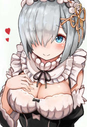 Rule 34 | 10s, 1girl, alternate costume, blue eyes, blush, breasts, cleavage, cosplay, detached sleeves, hair ornament, hair over one eye, hairpin, hamakaze (kancolle), heart, highres, kantai collection, large breasts, look-alike, looking at viewer, maid, maid headdress, md5 mismatch, okitsugu, re:zero kara hajimeru isekai seikatsu, rem (re:zero), rem (re:zero) (cosplay), short hair, silver hair, simple background, smile, solo, white background
