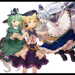 Rule 34 | 3girls, bad id, bad pixiv id, blonde hair, blush, bracelet, dress, earmuffs, efe, female focus, ghost tail, green dress, green eyes, green hair, grey eyes, hat, hat ribbon, headphones, holding hands, jewelry, letterboxed, long sleeves, mononobe no futo, multiple girls, multiple tails, open mouth, ponytail, profile, ribbon, short hair, silver hair, simple background, smile, soga no tojiko, sword, tail, tate eboshi, touhou, toyosatomimi no miko, weapon, white background, wide sleeves, yellow eyes