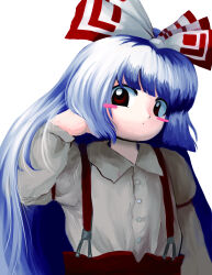 Rule 34 | 1girl, blue hair, blunt bangs, blush stickers, bow, buttons, collared shirt, fujiwara no mokou, hair bow, hand in own hair, hand up, highres, hime cut, long hair, long sleeves, looking at viewer, pants, red eyes, red pants, revision, shirt, simple background, solo, standing, suspenders, touhou, upper body, very long hair, white background, yakumora n, zun (style)
