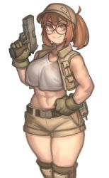 Rule 34 | 1girl, :&gt;, abs, absurdres, ahoge, baseball cap, belt, belt pouch, black-framed eyewear, breasts, brown eyes, brown hair, clenched hand, cowboy shot, crop top, crop top overhang, crossed bangs, finger on trigger, fio germi, flak jacket, glasses, gloves, green gloves, green shorts, gun, hand on own hip, handgun, hat, highres, hip vent, holding, holding gun, holding weapon, jacket, kelvin hiu, knee pads, large breasts, looking at viewer, medium hair, metal slug, metal slug tactics, midriff, mismatched eyebrows, navel, pistol, pouch, round eyewear, short ponytail, shorts, simple background, sleeveless, solo, standing, thighs, toned, weapon, white background