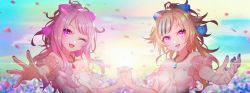 Rule 34 | 2girls, :d, ;d, blonde hair, highres, himehina channel, holding hands, interlocked fingers, jewelry, kobaru (katsugeki palette), long hair, looking at viewer, multicolored hair, multiple girls, nail polish, necklace, one eye closed, open mouth, outstretched arm, petals, pink eyes, pink hair, sidelocks, smile, streaked hair, suzuki hina, swept bangs, tanaka hime, virtual youtuber