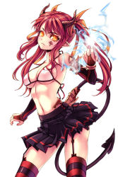 Rule 34 | 1girl, bikini, bikini top only, black gloves, breasts, cleavage, contrapposto, demon girl, demon tail, elbow gloves, fingerless gloves, garter straps, gloves, hair ribbon, horns, long hair, midriff, morgana (soccer spirits), navel, orange eyes, pleated skirt, reason (ficafe), red hair, ribbon, sidelocks, simple background, skirt, soccer spirits, solo, standing, striped clothes, striped thighhighs, swimsuit, tail, tattoo, thighhighs, twintails, white background