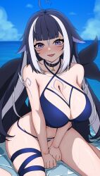 Rule 34 | 1girl, absurdres, ahoge, bare arms, bare shoulders, between legs, bikini, black hair, blue bikini, blue eyes, blue sky, body markings, breasts, cetacean tail, cleavage, cloud, cloudy sky, commentary, day, daydarion, english commentary, facial mark, facial tattoo, fins, fish tail, heart, heart ahoge, highres, indie virtual youtuber, large breasts, long hair, looking at viewer, multicolored hair, navel, ocean, official alternate costume, orca girl, outdoors, shylily, shylily (bikini), sitting, sky, solo, streaked hair, swimsuit, tail, tattoo, virtual youtuber, white hair