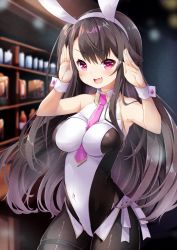 Rule 34 | 1girl, :d, absurdres, animal ears, armpits, azur lane, bar (place), black hair, black pantyhose, blurry, collarbone, commentary request, depth of field, fake animal ears, hair between eyes, hairband, highres, leer.meer, leotard, long hair, looking at viewer, necktie, one side up, open mouth, pamiat merkuria (azur lane), pamiat merkuria (sweet cherry memories) (azur lane), pantyhose, playboy bunny, purple eyes, rabbit ears, rabbit pose, sidelocks, smile, solo, two-tone leotard, v-shaped eyebrows