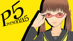 1girl aged_up atlus bad_id bad_pixiv_id brown_hair doujima_nanako female_focus glasses persona persona_4 school_uniform simple_background solo takayan twintails