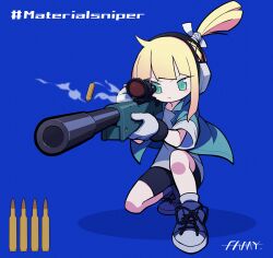 Rule 34 | 1girl, absurdres, aiming, bike shorts, blonde hair, blue background, cartridge, casing ejection, expressionless, fami (yellow skies), full body, gloves, green eyes, gun, highres, iris (material sniper), jacket, looking through scope, material sniper, open clothes, open jacket, ponytail, rifle, shell casing, shoes, sidelocks, sneakers, sniper rifle, solo, squatting, weapon