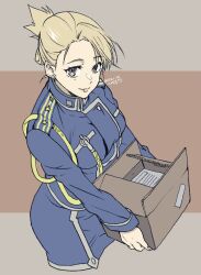 Rule 34 | 1girl, artist name, blonde hair, blue jacket, blue skirt, box, breasts, cardboard box, cowboy shot, dated, earrings, from above, fullmetal alchemist, grey eyes, hair up, highres, holding, holding box, jacket, jewelry, letterboxed, long sleeves, looking at viewer, looking up, medium breasts, military, military jacket, military uniform, riza hawkeye, skirt, smile, solo, swept bangs, takehide, uniform