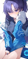 Rule 34 | 1girl, blue archive, blue buruma, blue eyes, blue hair, blue jacket, blue shirt, blurry, blush, breasts, buruma, clothes pull, commentary request, depth of field, drone, gym shirt, half updo, highres, jacket, jacket pull, large breasts, long hair, long sleeves, looking at viewer, neshia (tsaqif0309), off shoulder, official alternate costume, official alternate hairstyle, open mouth, parted bangs, partially unzipped, ponytail, shirt, solo, star (symbol), sticker on face, v-shaped eyebrows, wavy mouth, yuuka (blue archive), yuuka (track) (blue archive)
