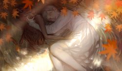 Rule 34 | 1girl, autumn leaves, corpse, dress, earrings, feet out of frame, grey hair, highres, jewelry, long sleeves, lying, on side, original, short hair, solo, triangle earrings, usukuchi (impasto life), white dress, white eyes