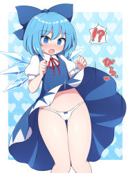 Rule 34 | !?, 1girl, blue background, blue bow, blue dress, blue eyes, blush, bow, cirno, clothes lift, dress, hair bow, heart, heart background, highres, ice, ice wings, navel, open mouth, panties, puffy short sleeves, puffy sleeves, rizento, short hair, short sleeves, skirt, skirt flip, skirt lift, touhou, underwear, white panties, wings