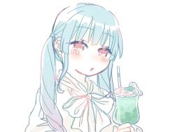 Rule 34 | 1girl, :o, arms at sides, blue hair, blush, bow, bowtie, cha ipride, drink, drinking straw, gradient hair, hair tie, highres, holding, holding drink, hyodou shizuku, idoly pride, long bangs, looking at viewer, low twintails, multicolored hair, open mouth, pink hair, red eyes, shirt, sidelocks, simple background, solo, twintails, upper body, white background, white bow, white bowtie, white shirt