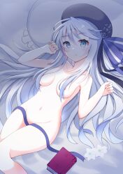 Rule 34 | 1girl, absurdres, amaryllis (shadowverse), arms at sides, beret, blue eyes, blue hair, blue hat, blush, book, breasts, collarbone, convenient censoring, cover, cover page, covered erect nipples, flower, hair between eyes, hat, head on pillow, head tilt, highres, long hair, lying, maruq 2826, medium breasts, navel, nipples, nude, on back, on bed, open mouth, pillow, shadowverse, solo, thighs, very long hair, white flower, white hair