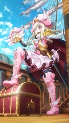 Rule 34 | 1girl, :d, absurdres, belt, belt buckle, black thighhighs, blue sky, blurry, blurry background, blush, boots, buckle, cloud, cloudy sky, cross-laced footwear, day, fate/kaleid liner prisma illya, fate (series), feathers, floating hair, frilled thighhighs, frills, from below, full body, game cg, hair between eyes, hat, hat feather, high heel boots, high heels, highres, illyasviel von einzbern, layered skirt, long hair, magical ruby, miniskirt, official art, open mouth, outdoors, outstretched arms, pink feathers, pink footwear, pink hat, pirate, pirate costume, pirate hat, pleated skirt, rapier, red eyes, ship, silver hair, skirt, sky, smile, solo, standing, sword, teeth, thigh boots, thigh strap, thighhighs, upper teeth only, watercraft, weapon, white skirt