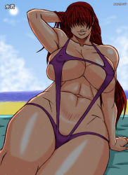 Rule 34 | 1girl, beach, blush, breasts, cleavage, curvy, covered erect nipples, hair over eyes, highres, huge breasts, lips, long hair, navel, papepox2, plump, red hair, shermie (kof), sitting, sky, smile, solo, sweat, swimsuit, the king of fighters, thick thighs, thighs, wide hips