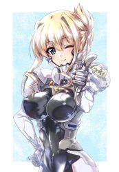 Rule 34 | 1girl, ;), armor, blonde hair, blue background, blue eyes, bodysuit, border, breasts, closed mouth, commentary request, commission, covered navel, fortified suit, gauntlets, hair intakes, hand on own hip, highres, ilfriede von feulner, impossible bodysuit, impossible clothes, kuroi mimei, large breasts, looking at viewer, muv-luv, muv-luv alternative, one eye closed, outside border, pointing, pointing at viewer, shoulder armor, skeb commission, smile, solo, the euro front, upper body, white border