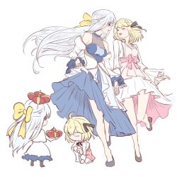 Rule 34 | 2girls, ahoge, anisphia wynn palettia, anjuro zeeku, bare shoulders, blonde hair, blue dress, bow, breasts, chibi, closed eyes, commentary, cropped jacket, crown, detached sleeves, dress, english commentary, euphyllia magenta, floating hair, frilled sleeves, frills, full body, hair bow, hair ribbon, half updo, halter dress, halterneck, happy, high-low skirt, highres, holding hands, interlocked fingers, jacket, juliet sleeves, kneeling, long dress, long hair, long sleeves, looking at another, medium bangs, medium breasts, multiple girls, open mouth, parted bangs, pink dress, puffy sleeves, ribbon, short hair, simple background, skirt hold, smile, standing, tensei oujo to tensai reijou no mahou kakumei, very long hair, white background, white hair, white jacket, yellow bow, yuri