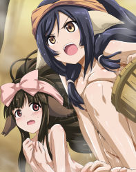 Rule 34 | 2girls, absurdly long hair, animal ears, aquaplus, bare arms, bare legs, bare shoulders, barefoot, black hair, breast press, breasts, brown hair, bucket, cleavage, collarbone, completely nude, covering privates, covering breasts, from below, from side, full body, gradient eyes, hair between eyes, hair over one eye, hair over shoulder, hair up, holding, holding bucket, knee up, kuon (utawarerumono), leaning forward, long hair, looking at another, medium breasts, multicolored eyes, multiple girls, nude, open mouth, raised eyebrows, red eyes, rulutieh, shiny skin, shirosame, sidelocks, swept bangs, teeth, thighs, tongue, towel, towel on head, utawarerumono, utawarerumono: itsuwari no kamen, very long hair, wet, yellow eyes