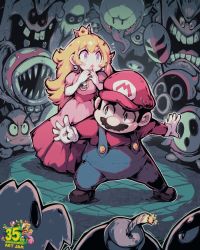 Rule 34 | 1boy, 1girl, 6+others, :o, black eyes, black hair, blonde hair, blooper (mario), blue overalls, blush stickers, bob-omb, boo (mario), breasts, bright pupils, brown footwear, bullet bill, carnivorous plant, commentary, creature, crown, dark, disembodied eye, dress, dry bones, earrings, elbow gloves, english commentary, english text, facial hair, flipped hair, fuse, ghost, gloves, goomba, hair between eyes, hat, jewelry, legs apart, lit fuse, logo, long hair, long sleeves, long tongue, looking at another, mario, mario (series), mask, medium breasts, monster, mr. i, multiple others, mustache, ninji (mario), nintendo, notice lines, open mouth, outline, outstretched arms, overalls, own hands together, parororo, phanto, pink dress, piranha plant, princess peach, puffy short sleeves, puffy sleeves, raised eyebrow, red headwear, red shirt, sharp teeth, shirt, shoes, short hair, short sleeves, shy guy, sideburns, sidelocks, snifit, standing, super mario bros. 2, super mario bros. 3, sweat, teeth, thick eyebrows, thwomp, toad (mario), tongue, v-shaped eyebrows, very long hair, very short hair, white gloves, white pupils, whomp