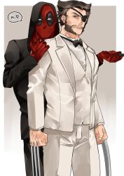 2boys beard black_bow black_bowtie black_jacket black_pants bow bowtie brown_hair cigar claw_(weapon) clenched_hands closed_mouth commentary deadpool deadpool_&amp;_wolverine deadpool_(series) english_commentary english_text eyepatch facial_hair formal formal_clothes gloves hand_on_another&#039;s_shoulder heart highres holding holding_cigar hood hood_up jacket long_sleeves looking_at_viewer male_focus marvel marvel_cinematic_universe multiple_boys muscular muscular_male pants patch_(wolverine) pectorals red_mask shirt short_hair speech_bubble suit weapon white_jacket white_shirt white_suit wolverine_(x-men) wonpese x-men yaoi