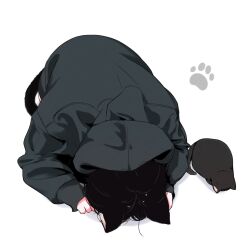 Rule 34 | 1girl, animal, animal ear fluff, animal ears, black cat, black hair, black hoodie, black theme, bowing, cat, cat ears, cat girl, cat tail, commentary request, dogeza, face down, highres, hood, hoodie, megateru, messy hair, original, partial commentary, paw print, simple background, tail, white background